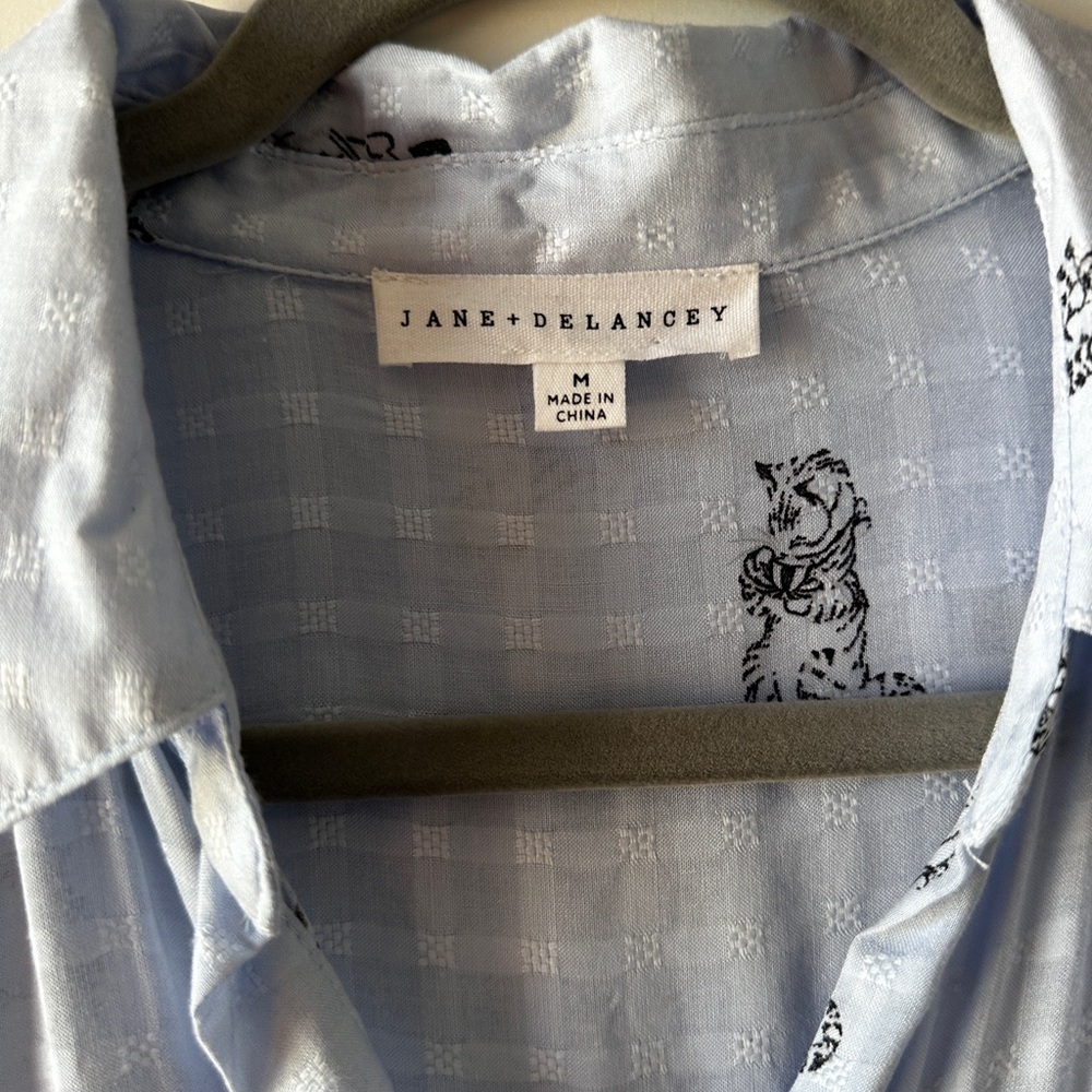 Jane and Delancey Light Blue Cat Print Button-Up Shirt - Picture 4 of 5